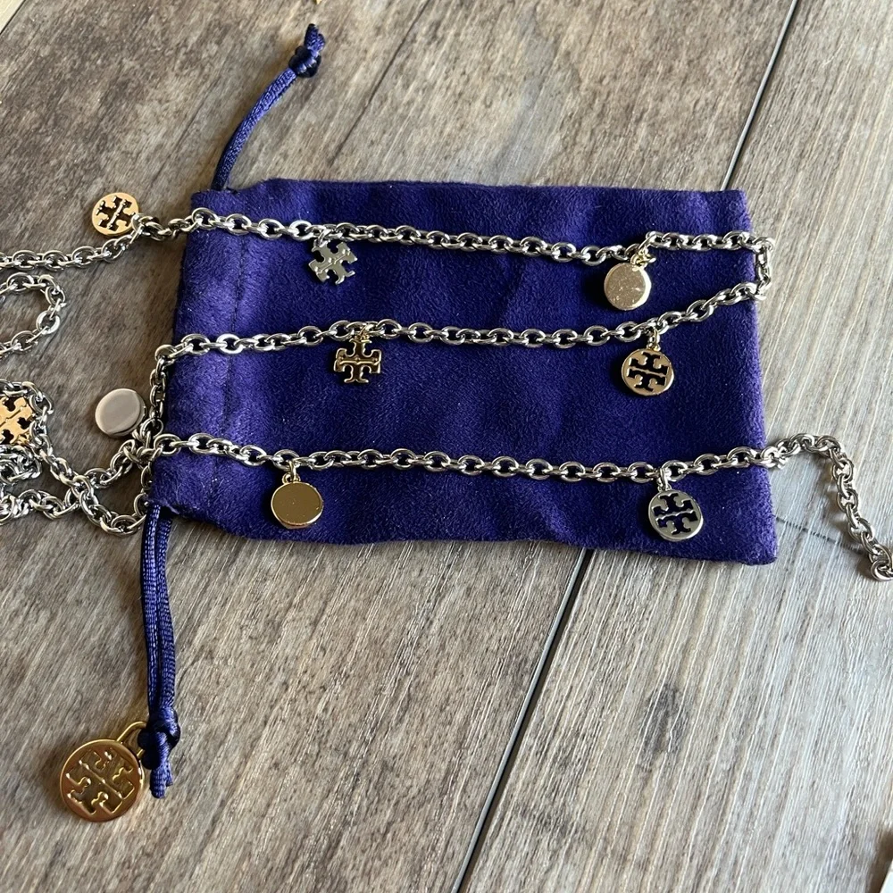 Tory Burch Charm Rosary Necklace Elegant Silver and Gold tone.
